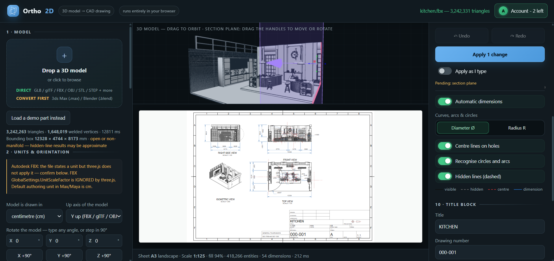 Ortho2D engineering drawing workspace