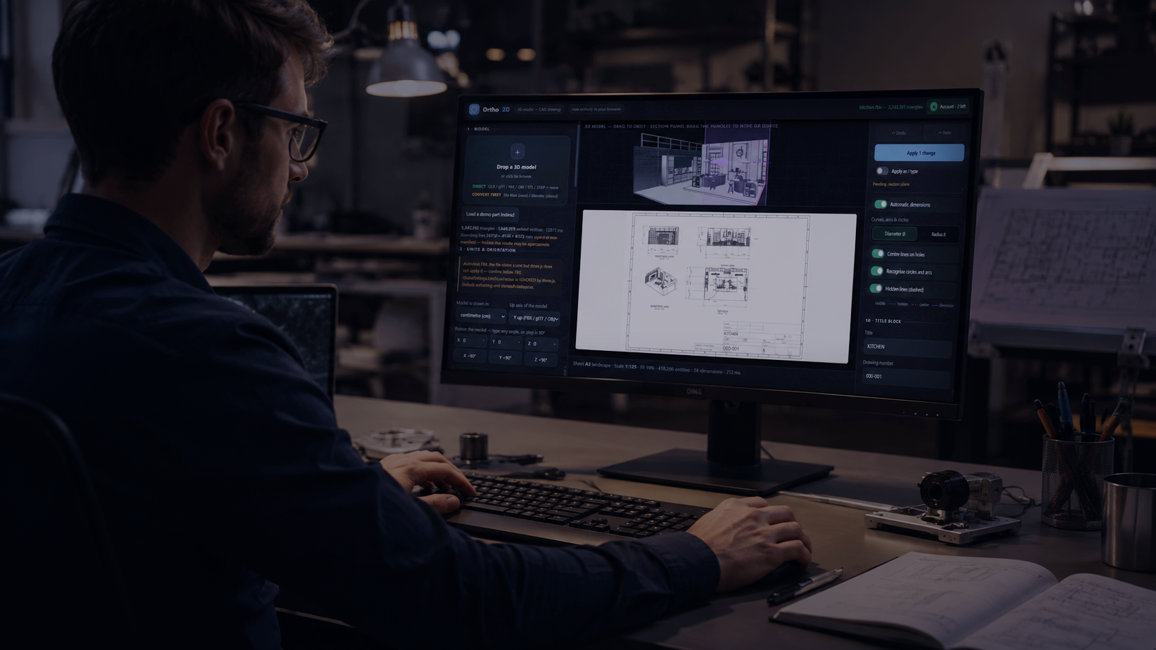 Engineer using Ortho2D to create a shop drawing from a 3D model